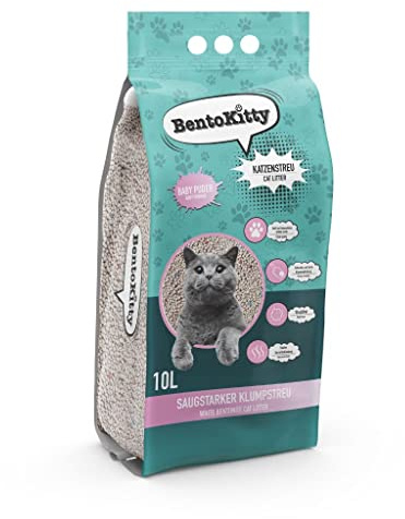 BentoKitty Katzenstreu (10L, 1er Pack) mit Babypuder Duft, Klumpend, weiß, feinkörnig, Klumpstreu aus Bentonite, für Sensitive Katzenpfoten geeignet, Saugstark, Geruchsbindend