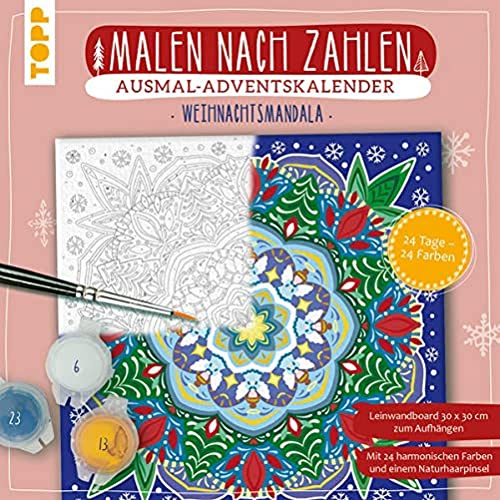 Adventskalender Malen nach Zahlen Weihnachtsmandala: Leinwandboard mit Mandala-Ausmalmotiv sowie 24 Acrylfarben für jeden Tag und Naturhaarpinsel, White