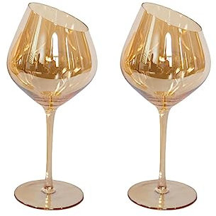 Jeanne Fitz Gold Wine Glasses, 21oz, Set of 2 - Slanted Rims, Angled Bowl for Optimal Aeration, Modern, Decorative Fancy Red Wine Glasses Set for Women and Men, Stemmed Goblets for Pinot Noir, Sangria