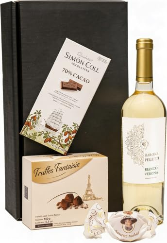 Geschenkset Weißwein aus Italien mit Schokoladentrüffeln und dunkler Schokolade | Präsentkorb für Männer & Frauen | zum Geburtstag, Hochzeit Weihnachten