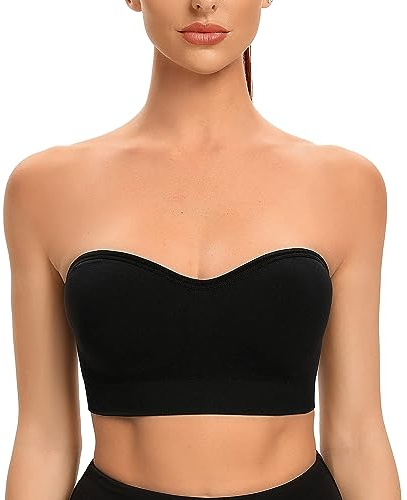 ANGOOL Damen Trägerloser BH Push Up ohne Bügel Bandeau Top Damen Gepolsterter Seamless Rutschfestes Silikon mit Transparenten Trägern, Schwarz, L
