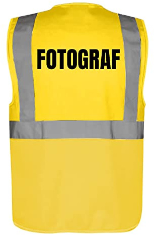 Fassbender-Druck WARNWESTEN - Sicherheitsweste GELB mit Taschen und Reißverschluss nach EN ISO 20471 zertifiziert - Warn Weste für FOTOGRAF - Unisex mit hochwertigem Reflektorstreifen