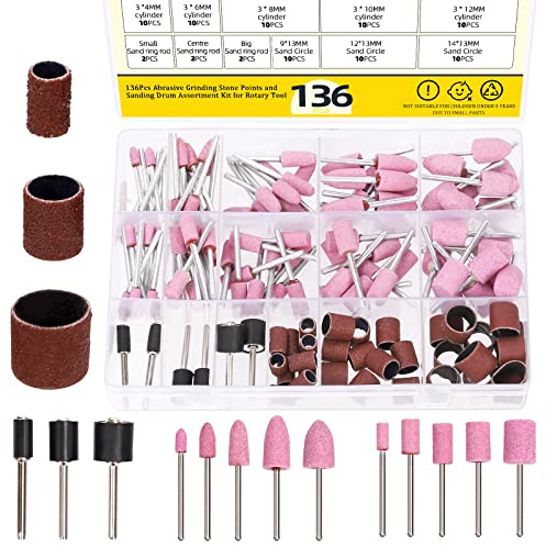 Mardatt 136Pcs Grinding Stone Set 1/8 Shank with Sanding Drum Sleeves and Drum Mandrels, 80# 120# 240# Sanding Drum Kit Abrasive Mounted Stone Sanding Drill Bit for Rust Removal Metal