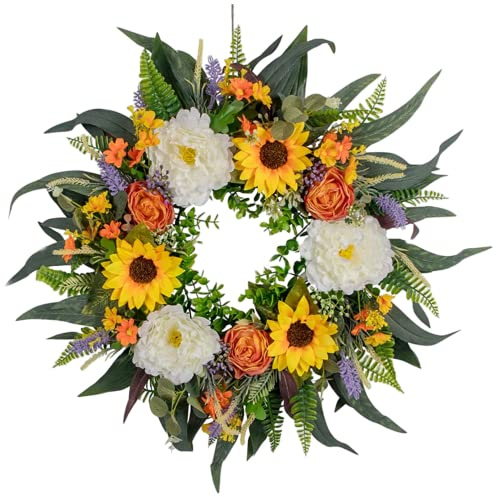 Couronne D'été Artificielle pour La Porte D'entrée Couronnes De Fleurs Eucalyptus Couronne De Porte D'été Guirlande De Porte Décorative pour Décoration Intérieure 40cm