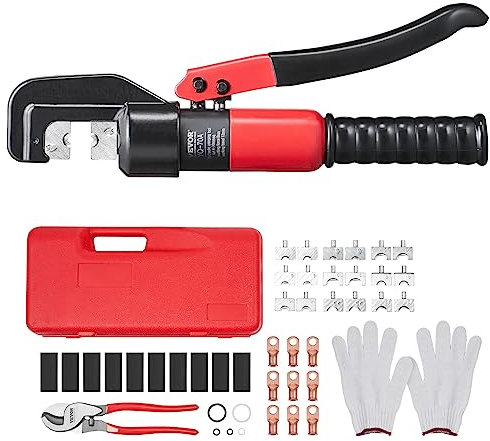 VEVOR Pince à Sertir 4-70 mm² Outil de Sertissage Hydraulique Cosses de Câbles Batterie Aluminium et Cuivre AWG12-2/0 avec Coupe-câble Paire de Gants 10 Connecteurs Anneau en Cuivre pour Électricien