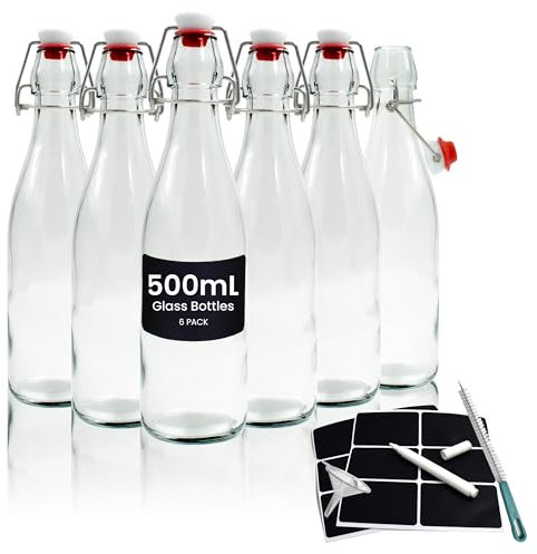 Volila Glass Bottles with Stoppers 500ml - 6 Pack Clear Swing Top for Homebrewing, Beverages, Kombucha, Wine, Vinegar and Oil - Flip Top with Leak Proof Caps, Labels, Pen and Brush