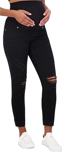 Savi Parker Women’s Ripped Maternity Jeans Over The Belly - Fall Maternity Clothes-Motherhood & Pregnancy Jeans, Maternity Clothes – 27” Inseam (XL, Black Rinse)