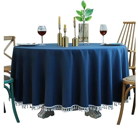 KnSam Tischtücher Rund 160CM, Einfarbig mit Quaste Tischwäsche Baumwolle Leinen Tischtuch für Gartentisch Abwaschbar für Drinnen Draussen Garten Esszimmer Party und Festen, Dunkelblau