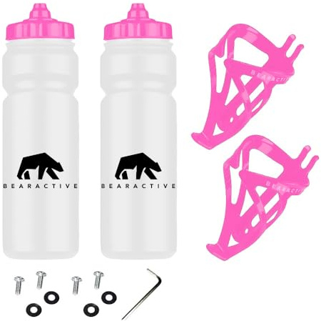 Bearactive Bike Bottle Holder with Bike Bottle 750ml - BPA Free Leak Proof Bicycle Squeeze Bottle with Valve Lid – Lightweight Plastic Bottle Cages with Screws for Road & Mountain Bikes