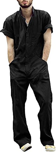 IQYU Pantalones de trabajo para hombre, pantalones de peto, elásticos, de lino 90, negro, mono largo de verano, de manga corta, chándal de entrenamiento, corte regular, mono de trabajo, corte holgado,