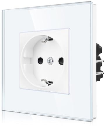 CNBINGO Einzelsteckdose Unterputz mit Krallen - Einfach Schuko Steckdose mit Kindersicherung - 16 Amp Schutzkontakt Wandsteckdose mit Glasrahmen - Weiß