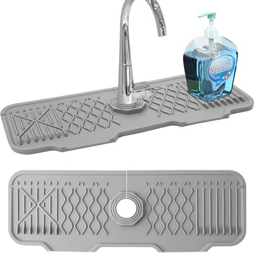 ADOV Sink Faucet Mat, 43x15cm Silicone Sink Splash Guard for Kitchen Bathroom Counter, Self Draining Anti-Slip Soap, Sponge Holder Drip Catcher Tray and Draining Pad for Bathroom Worktop Protector