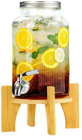 6L Drink Machine with Wooden Stand, Party Drink Dispenser, 100% Leak-Proof Mason Jar with Tap, Large Drink Machine for Parties, Bars, Restaurants,6L Vertical Stripe Model
