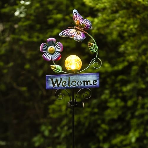 LOVERUIS Luces solares para jardín al aire libre, letrero de bienvenida con bola de galleta, mariposas, impermeable, adorno de jardín, regalo para mamá y esposa