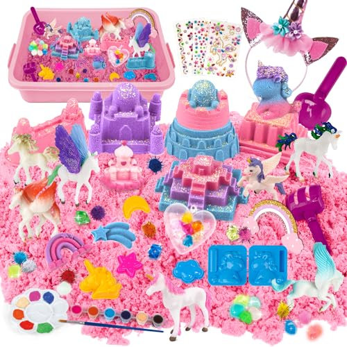Hohosunlar Unicorn Sensory Bin Girl Kid Toy, 3 Color Play Sand Art Kit with Sandbox, 13 Castle Mold, Kid Craft DIY Painting w/3 Gem Sticker, Christmas Birthday Gift for Girl Toddler Ages 3-8
