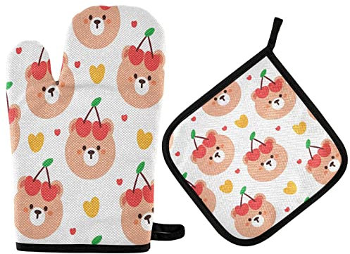 Ufuson Bär mit Kirsche Ofenhandschuhe & Topflappen, rutschfeste Kochhandschuhe für Küche, waschbar, hitzebeständig, Ofenhandschuhe für Mikrowelle, BBQ, Backen, Grillen, 2 Stück