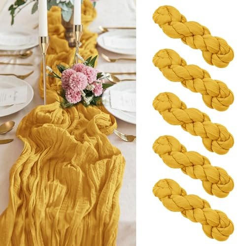 5er-Pack gelbe Käsetuch-Tischläufer, 3 m Lange Gaze-Tischläufer, Käsetuch-Stoff, halbdurchsichtiger Tischläufer für Hochzeit, rustikale Boho-Party, Brautparty