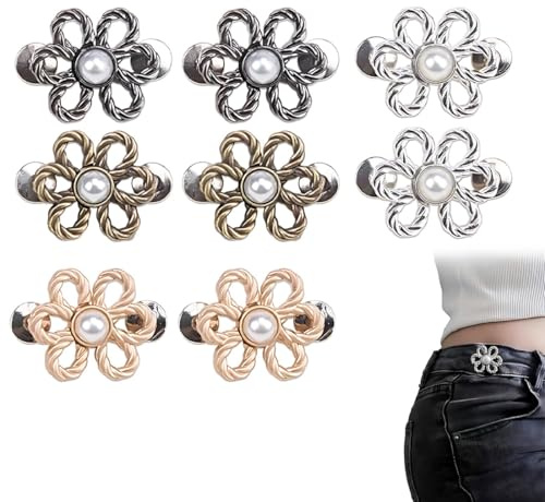 8 Sets Knöpfe Hosen Enger Machen,Hosenknöpfe Zum Stecken,Hose Enger Machen Clip,Hosen Knopf Spanner Fastener, Perlen Blumen Einsteller,Kleidung Verstellbare Taille Schnallen Jeans Knöpfe