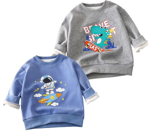 XM-Amigo 2-pack baby pojkar klassisk crewneck pullover barn pullover sweatshirt långärmad bomull planeter dinosaurier kläder vår höst vinter toppar 1–14 år, Värme-blå-gul, 6-7 år
