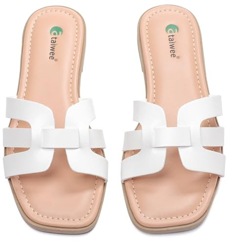 Ataiwee Sandales Plates pour Femme – Élégantes Sandales Mules Plates à Bout Carré, Confortables et à Enfiler, Légères pour l’Été et l’Usage Quotidien.(White,36.5 EU,2307018)