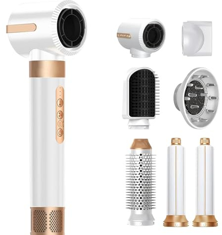 7 in 1 Heißluft-Styler, 110000 U/Min Hochgeschwindigkeits-Negativionen-Haartrockner, Multifunktionaler Hairstyler mit 7 Aufsätze, Lockenstab Automatisch, Zum Styling, Locken (Weiß)