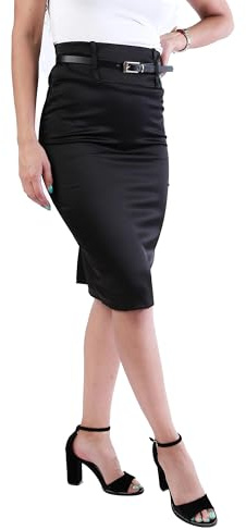 URBAN STITCH Black Satin Skirt for Women UK Pencil Stretch Midi Skirt Ladies Bodycon Skirt High Waist Office Skirt Above Knee Length (12, Black)