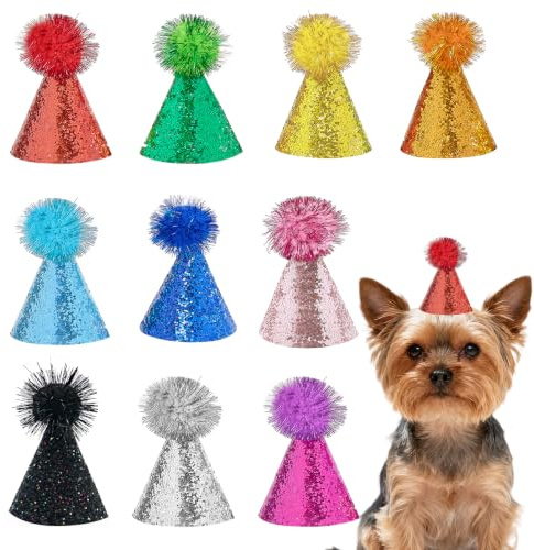 JpGdn Mini-Partyhut mit verstellbarem Kopfband, Glitzer, wiederverwendbar, Happy Birthday-Hüte, Kindergeburtstagszubehör, Dekorationen, Pom-Pom-Party-Hüte für kleine Kinder, 10 Stück