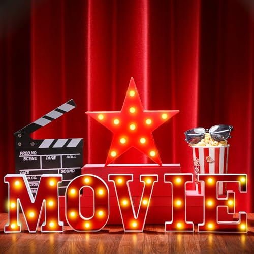 Aurelema 7 Pcs Large Movie Light up Letters Sign LED Movie Night Party Decorations Include Movie Letters Film Clap Board and Marquee Star Sign for Movie Night Party Table Centerpieces (Small)