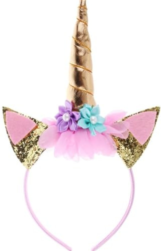 KOMUNJ Einhorn haarreif mit Horn Ohren und Blumen, Einhorn haarreif Geburtstag Damen Haarschmuck für Ostern Geburtstag Party Karneval, Head Accessoires Party Dekoration (Rosa, l)