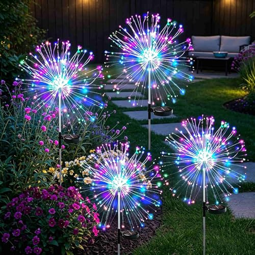 Solar Firework Lights Outdoor 4Packs Starburst Garden Lighting 150LEDs | Dandelion Garden Stake Lights 8 Mode IP65 Waterproof Decorative Solar Lighting for Yard Patio Wedding Lawn Party (Colorful)