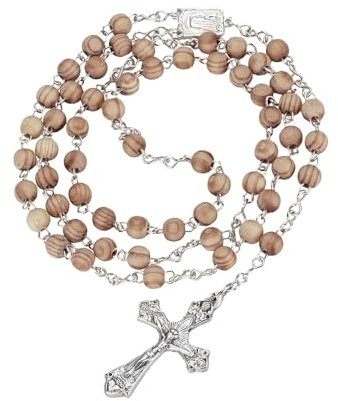 NKlaus Rosario in legno d'ulivo, 48 cm, collana da preghiera fatta a mano con croce in metallo, rosario cristiano per preghiera, meditazione e pellegrinaggio 16489