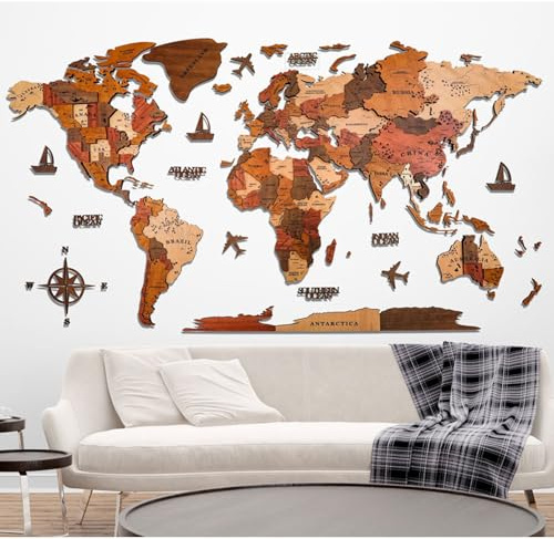 TUPAFJU 3D-Weltkarte aus Holz, extra groß, 59/79/98/118 Zoll, 3D-Wandkunst-Dekor, künstlerische Moderne Wohndekoration, Geschenk-Wanddekoration, Wohnzimmer-Hängebild(A,Small)