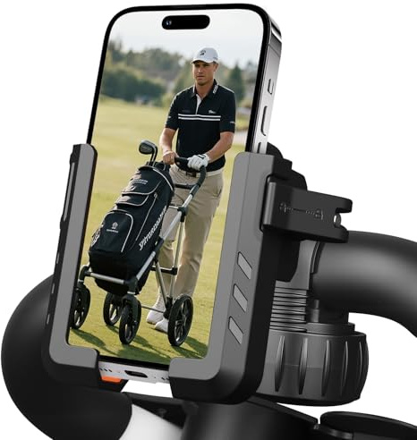 Golf-Telefonhalterung mit Sicherheits-Doppelschloss, freihändig, 360° drehbare Handyhalterung, kompatibel mit Clicgear, Sun Mountain, Caddy, Bag Boy, Golf Push Cart Zubehör für Handys
