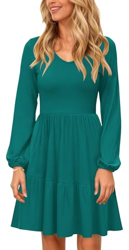 PLOKNRD Vestido de Cuello V Manga Larga de Mujer con Bolsillo Elegante Vestidos en Capas Falda Corta Casual de Otoño e Invierno Verde Oscuro S
