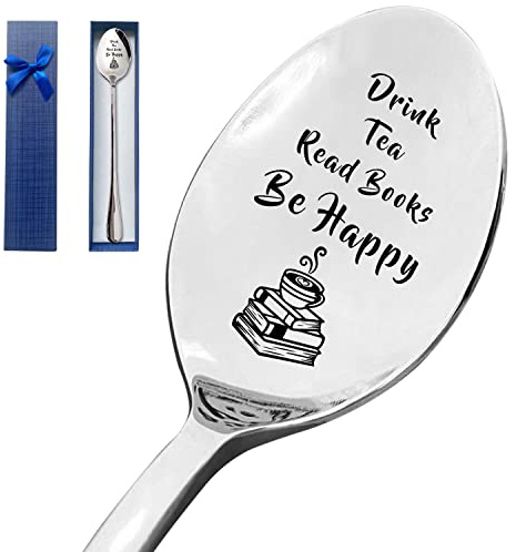 HSSPIRITZ Cucchiaio divertente in acciaio inox con incisione Drink Tea Read Books Be Happy, regalo per lettori, amanti dei libri, figlia, figlio, amici, colleghi, donne, uomini, per compleanno