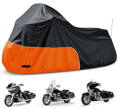 Motorcycle Cover Fits for Harley Davidson Road King Road Glide Electra Glide Low Rider-ST HD Goldwing, All Weather Waterproof Cruiser Motorcycle Cover, Black&Orange