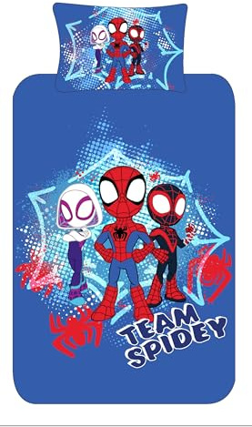 Spidey and His Amazing Friends Bedding Single Duvet Cover Set – Team Spiderman Bedding for Kids – Official Marvel – Polycotton – Spider-Man, Ghost-Spider & Miles Morales Boys Blue Reversible (Single)