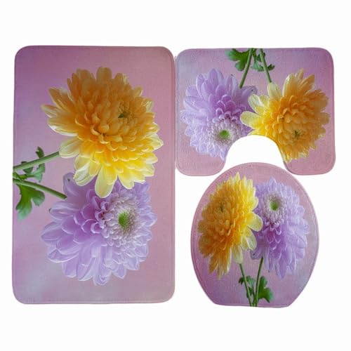 badezimmerteppich Set Elegantes Gelb Lila Badezimmermatte WC Teppich Dekoration Schnell Trocknend Badgarnitur 3 Teilig Stand WC Deckelbezug Badvorleger rutschfest Waschbar 50x80 cm