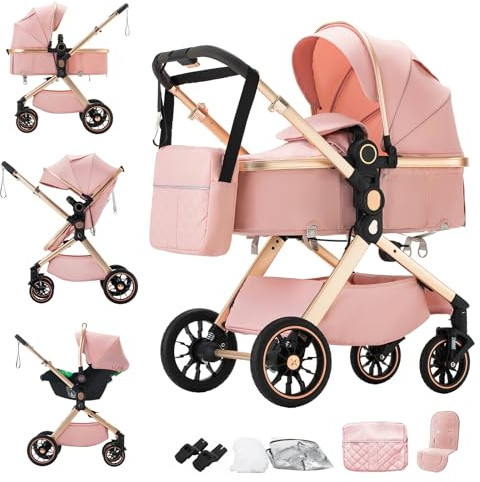 Shineey Passeggino trio,Carrellino per Bebè città 22kg con sedili,Passeggino pieghevole con vista alta,Buggy combinato pneumatici in gomma e vagone per bebè in alluminio (U9-X/PINK, U9-X)