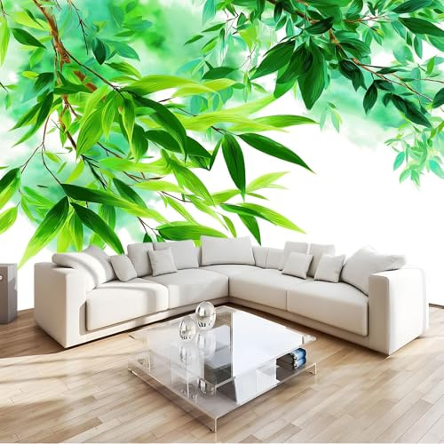 Fotomural de Pared Zen Sobrio Bambú Follaje Botánico Blanco 400 x 280 cm, Papel Pintado Mural (TNT) para Decoración de Interiores, Salones y Dormitorios