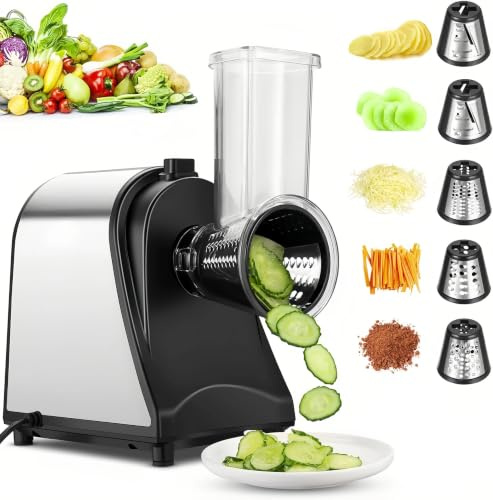 COOCHEER Grattugia Elettrica 5 in 1 250W, Acciaio inox | Affettaverdure con 5 lame a tamburo per formaggio, frutta e verdura. Lavabile in lavastoviglie per tutta la famiglia