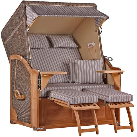 MR. DEKO® Strandkorb Seeblick 2-Sitzer Teakholz | PE Geflecht Grey | Volllieger verstellbar mit Fußablage | inkl. 4 Kissen + Wechselpolster | Strandkörbe Teak fertig montiert Strandstuhl (Dessin 501)