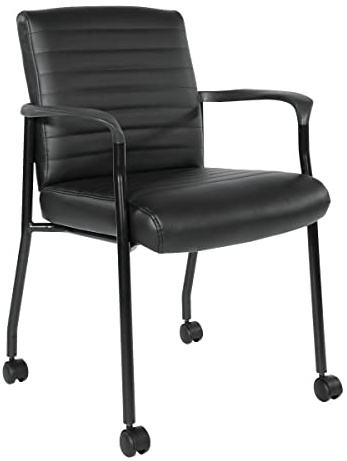 Office Star FL Series Faux Leather Padded Guest Chair with Built-in Lumbar Support and Casters, Black with Black Frame