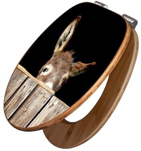 banjado Design WC Sitz Bambus Absenkautomatik 45,8x37,5cm / Toilettendeckel mit Absenkautomatik Holz/hochwertiger Bambus Klodeckel/WC-Sitz für gängigen Toiletten/Motiv Esel