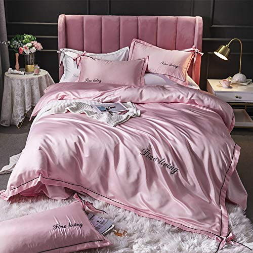 Seidenbettwäsche-Sets King Size, Bettbezug Double Grey Silk, Bettwäsche-Sets Bettbezug-Sets King Size Luxury Full Satin Silk Soft Silky Navy White 4-teiliges Bettbezug-Set für Erwachsene, doppeltes