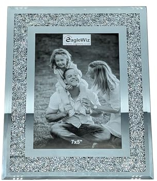 EagleWiz Crushed Jewel Mirror Glass Photo Frame - Elegant Silver Crystal Picture Frame for Photos and Art Room Decor Size 7 x 5 (18cm x 13cm)