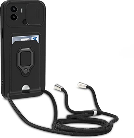 yanasuo Camera Protection Lanyard Phone Case for Xiaomi Redmi A1, Card Holder, Slide Camera Cover, Silicone Cord Strap rope Shell TPU Shockproof Bumper Cover-Black