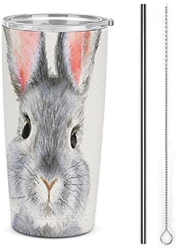 Cute Fluffy Grey Rabbit 20 OZ Stainless Steel Tumbler Leakproof Insulated Travel Coffee Mug with Lid Straw and Straw Brush Double Wall Water Bottle Cup