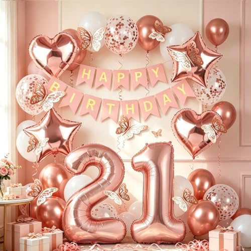 21st Birthday Decorations for Girls, Rose Gold 40 Inch Number 21 Foil Birthday Balloons with Happy Birthday Banner and Butterfly Stickers