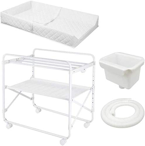 MObyat Baby Wickeltisch,Babybadewanne und mit Drainage-Set, Windel-Organizer für Kleinkinder mit Schlauch und Kissen, klappbare Massagestation für kleine Räume, weiß